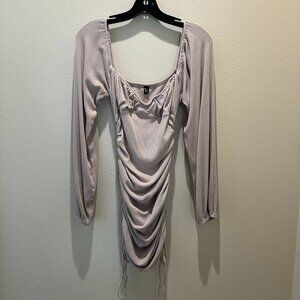 Hey Babe Beige Knit Ribbed Long Sleeve Ruched Midi Dress Size M